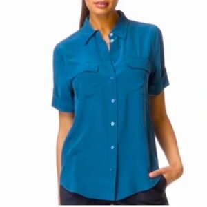 Equipment Silk Slim Signature Short Sleeve Button-Down Blouse Blue